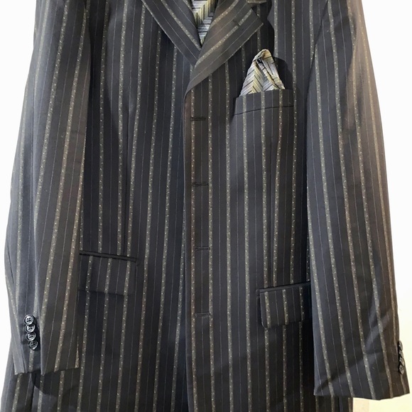 Men’s Navy blue olive green stripe suit 42L 35W - Picture 2 of 4
